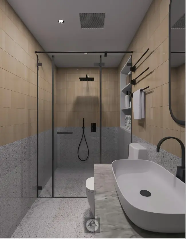 A bathroom with a glass showerDescription automatically generated