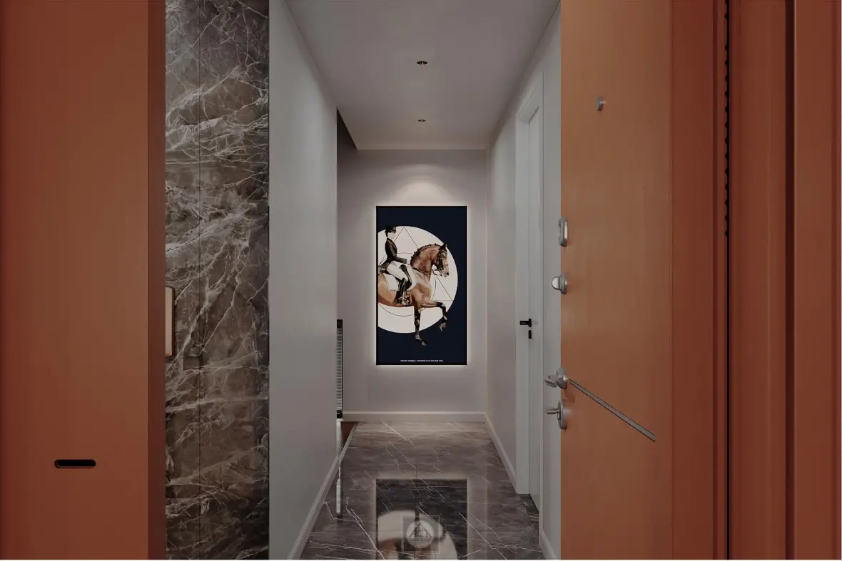 A hallway with a painting on the wallDescription automatically generated